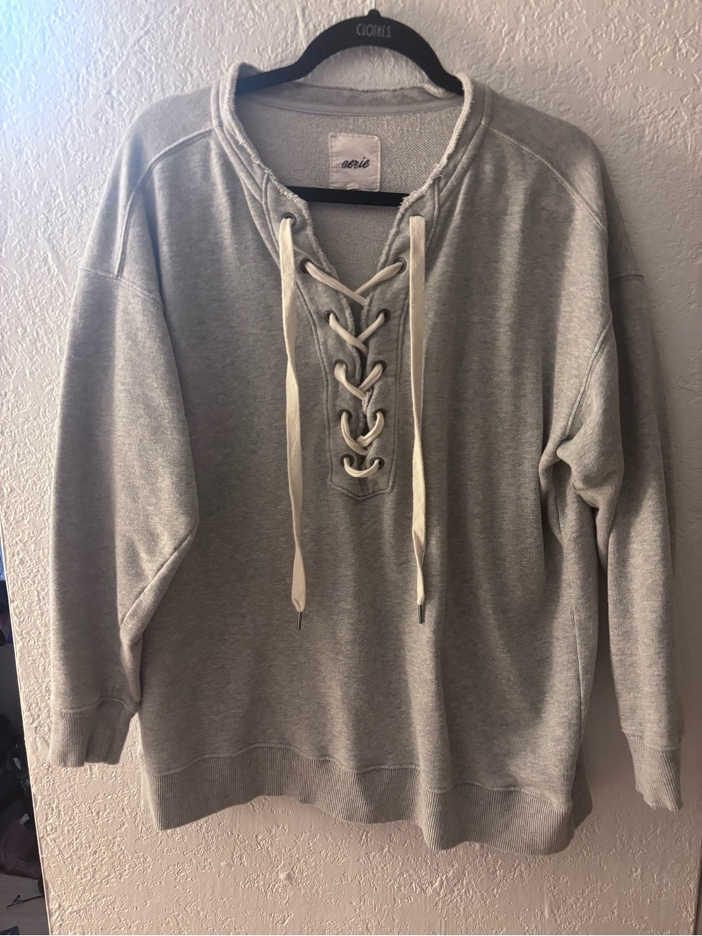 aerie Gray Lace-Up Pullover Sweatshirt